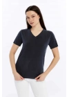 Kadın Lacivert V Yaka Cupra Modal Kumaş Kısa Kollu T-shırt