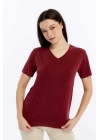 Kadın Bordo V Yaka Cupra Modal Kumaş Kısa Kollu T-shırt