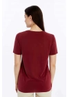 Kadın Bordo V Yaka Cupra Modal Kumaş Kısa Kollu T-shırt
