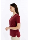 Kadın Bordo V Yaka Cupra Modal Kumaş Kısa Kollu T-shırt