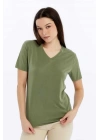 Kadın Yeşil V Yaka Cupra Modal Kumaş Kısa Kollu T-shırt