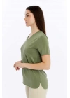 Kadın Yeşil V Yaka Cupra Modal Kumaş Kısa Kollu T-shırt