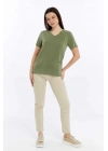 Kadın Yeşil V Yaka Cupra Modal Kumaş Kısa Kollu T-shırt