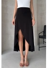 Kadın Siyah Yüksek Bel Midi Boy Yanı Yırtmaçlı İçi Şortlu Sandy Kumaş Etek