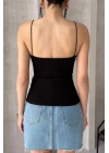 Kadın Siyah Gloplu İp Askılı Büstiyer Sütyenli Crop Atlet