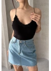 Kadın Siyah Gloplu İp Askılı Büstiyer Sütyenli Crop Atlet