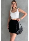 Siyah Beli Lastikli Yırtmaçlı İnterlok Mini Etek