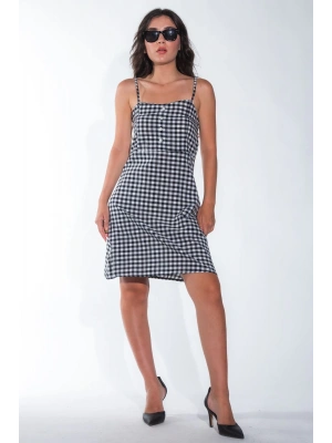 Yazlık Ayarlanabilir İp Askılı Yumuşak Dokuma Kumaş Siyah-Beyaz Mini Elbise