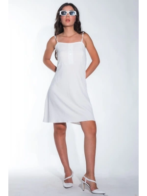 Yazlık Ayarlanabilir İp Askılı Yumuşak Örme Kumaş Beyaz Mini Elbise