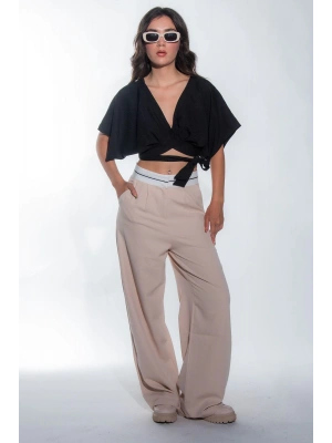 Kadın Bej Bel Detay Bol Paça Yanları Cepli Piliseli Palazzo Kadın Kumaş Pantolon