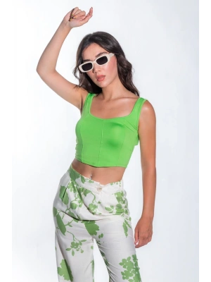 Kadın Önü Oval Kesim Çima Detay Sandy Kumaş Kalın Askılı Kadın Yeşil Crop Bluz