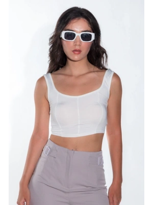 Kadın Önü Oval Kesim Çima Detay Sandy Kumaş Kalın Askılı Kadın Beyaz Crop Bluz
