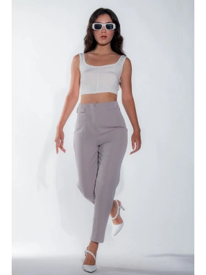 Kadın Gri Dar Paça Toka Detay Kadın Kumaş Pantolon