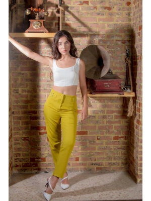 Kadın Yağ Yeşili Dar Paça Toka Detay Kadın Kumaş Pantolon