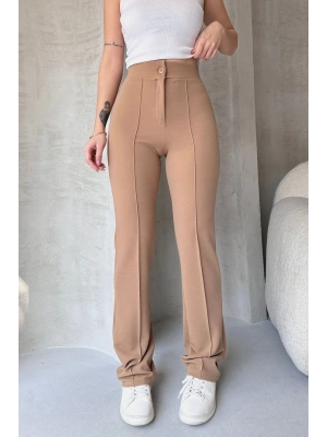 Kadın Bej Yüksek Bel Toparlayıcı Ispanyol Paça Pantolon