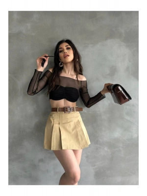 Kadın Bej Piliseli Kemerli Mini Şortlu Etek