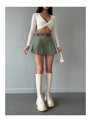 Kadın Haki Piliseli Kemerli Mini Şortlu Etek