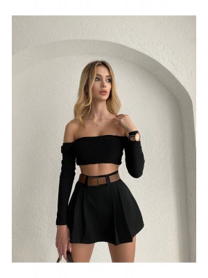 Kadın Siyah Piliseli Kemerli Mini Şortlu Etek