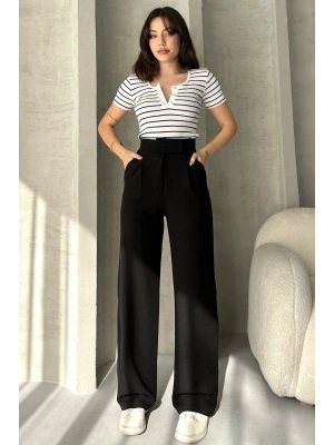 Kadın Siyah Yüksek Bel Krep Kumaş Likralı Rahat Kesim Cırtlı Palazzo Pantolon
