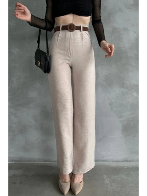 Kadın Bej Yüksek Bel Keten Kumaş Rahat Kesim Örgü Kemerli Palazzo Pantolon