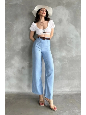 Kadın Mavi Yüksek Bel Keten Kumaş Rahat Kesim Örgü Kemerli Palazzo Pantolon