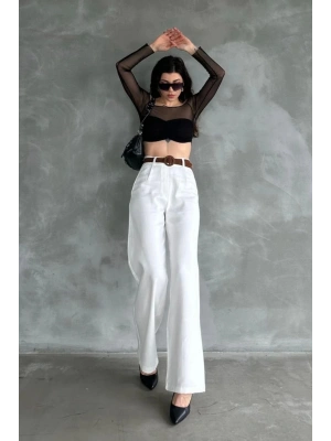 Kadın Beyaz Yüksek Bel Keten Kumaş Rahat Kesim Örgü Kemerli Palazzo Pantolon