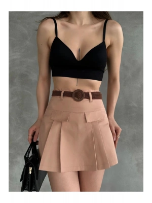 Kadın Vizon Piliseli Kemerli Mini Şortlu Etek