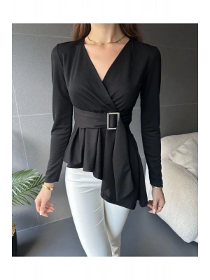 Kadın Siyah Asimetrik Kesim Kemer Detaylı Bluz