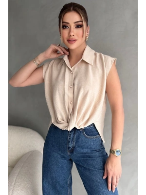 Kadın Keten Bağlama Detaylı Bej Gömlek Bluz