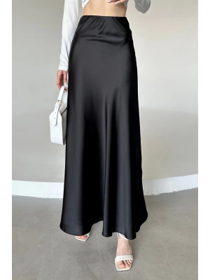 Kadın Siyah Floş Viskon Saten Kemeri Lastikli Fermuarlı Maxi Boy A Line Etek
