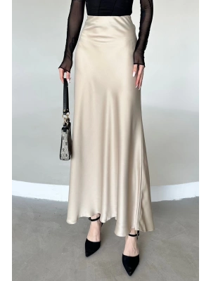 Kadın Bej Floş Viskon Saten Kemeri Lastikli Fermuarlı Maxi Boy A Line Etek