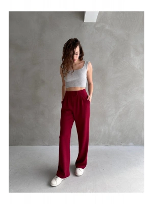 Kadın Bordo Yüksek Bel Krep Kumaş Likralı Rahat Kesim Cırtlı Palazzo Pantolon