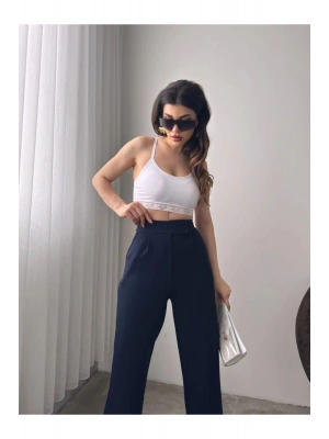 Kadın Lacivert Yüksek Bel Krep Kumaş Likralı Rahat Kesim Cırtlı Palazzo Pantolon