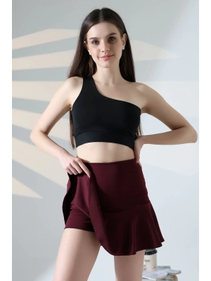 Kadın Bordo Esnek Şortlu Volanlı Pileli Viskon Kloş Şort Etek