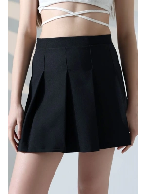 Kadın Siyah Fermuarlı Basic Düz Yüksek Bel Piliseli Mini Etek