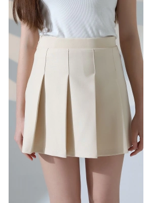 Kadın Bej Fermuarlı Basic Düz Yüksek Bel Piliseli Mini Etek