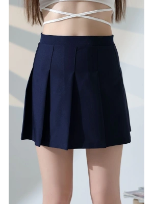 Kadın Lacivert Fermuarlı Basic Düz Yüksek Bel Piliseli Mini Etek