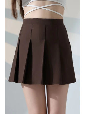 Kadın Kahverengi Fermuarlı Basic Düz Yüksek Bel Piliseli Mini Etek