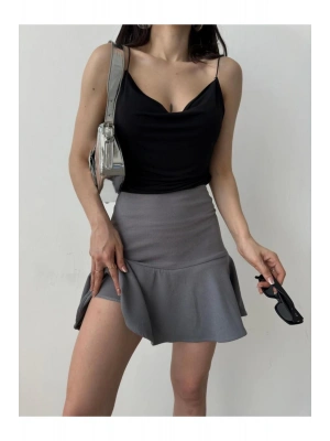 Kadın Gri Esnek Şortlu Volanlı Pileli Viskon Kloş Şort Etek