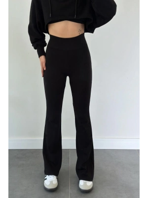 Kadın Siyah Yüksek Bel Penye İspanyol Paça Tayt