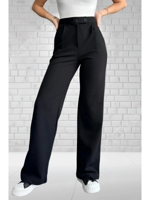 Kadın Siyah Yüksek Bel Krep Kumaş Likralı Rahat Kesim Çift Düğmeli Palazzo Pantolon