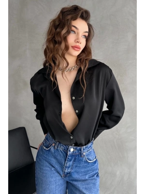 Kadın Siyah Dökümlü Saten Gömlek