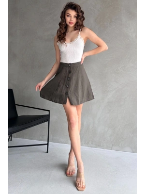 Kadın Acı Yeşil Kısa Önü Düğmeli Mini Etek