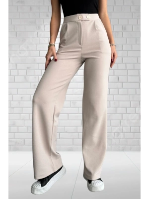 Kadın Bej Yüksek Bel Krep Kumaş Likralı Rahat Kesim Çift Düğmeli Palazzo Pantolon