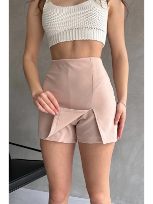 Kadın Bej Piliseli Mini Şortlu Etek