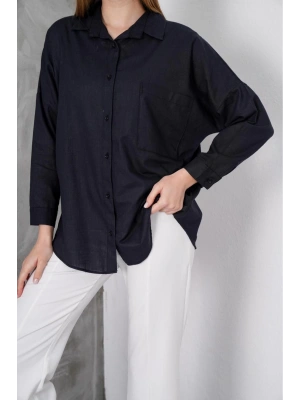 Kadın Siyah Oversize Uzun Keten Gömlek