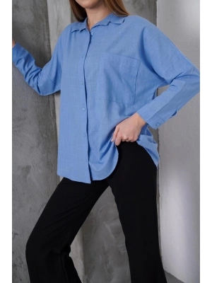 Kadın Mavi Oversize Uzun Keten Gömlek