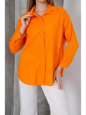 Kadın Turuncu Oversize Uzun Keten Gömlek