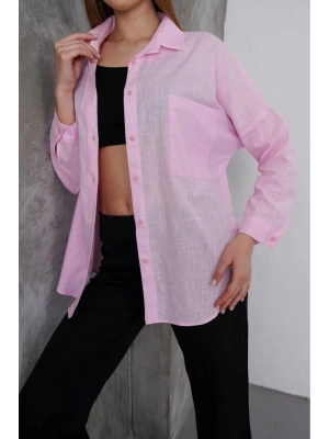 Kadın Pembe Oversize Uzun Keten Gömlek