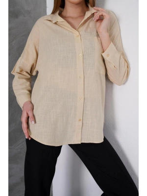 Kadın Taş Oversize Uzun Keten Gömlek